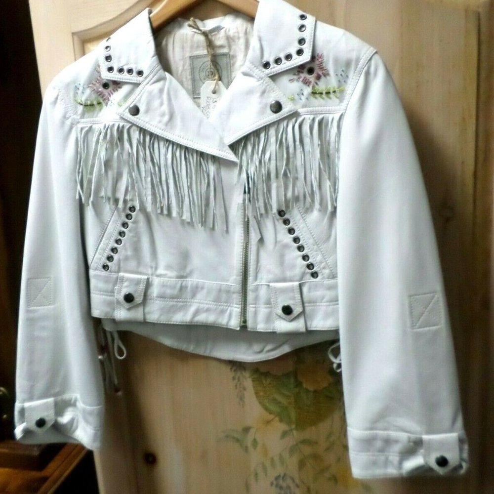 DOUBLE D RANCH WHITE LEATHER TWISTED FRINGE JACKET MEDIUM NEW $578